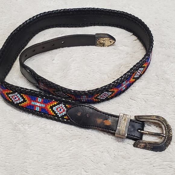 Vintage Aztec Southwestern Beaded Black Leather Belt 34 Retro Bohemian Indian - Picture 2 of 13